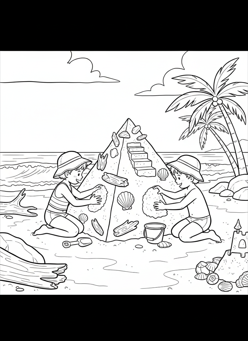 Two siblings building a sand pyramid with steps leading to the top, decorated with shells and driftwood pieces.