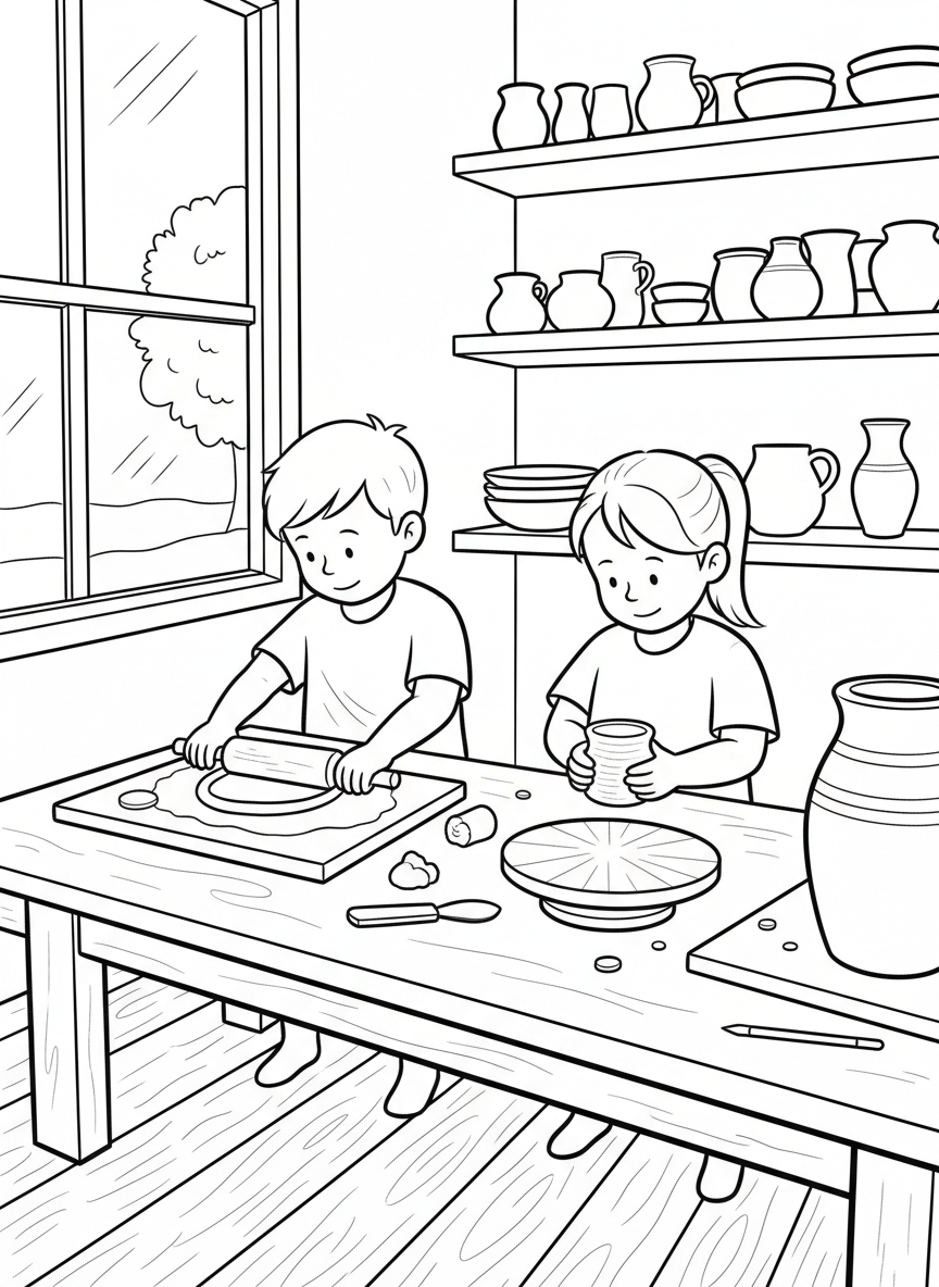 Two kids working together at a pottery table, one rolling clay coils and another building a pinch pot.