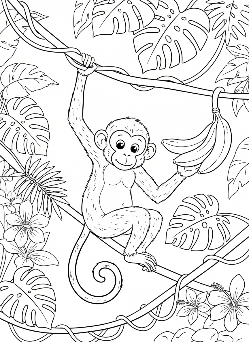 A curious monkey hanging from a jungle vine surrounded by tropical leaves and bananas.
