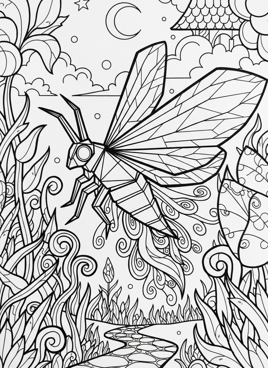 An origami firefly with a glowing tail section, delicate wings, and segmented body showing clear paper fold marks