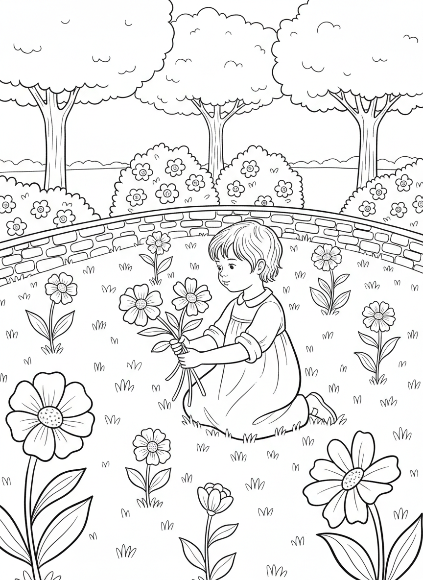 A child picking flowers in spring, simple garden setting, flowers spaced clearly, clean bold outlines, minimal clutter, no text, no logos