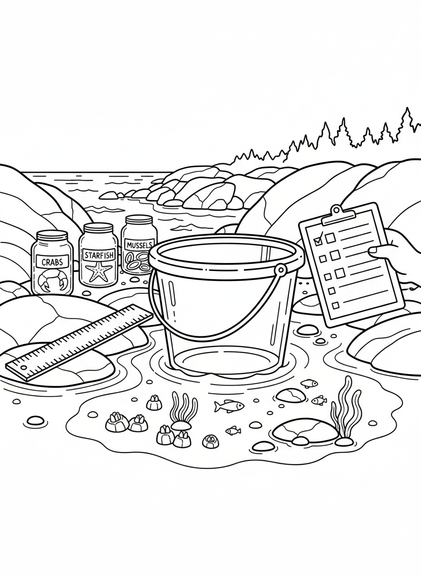 A tide pool observation station setup with a clear viewing bucket, clipboard with checklist, ruler, and collection jars labeled with sea creature names.