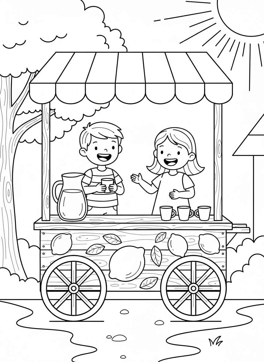 A lemonade stand cart decorated with lemon illustrations, pitcher and cups on display, operated by cheerful kids