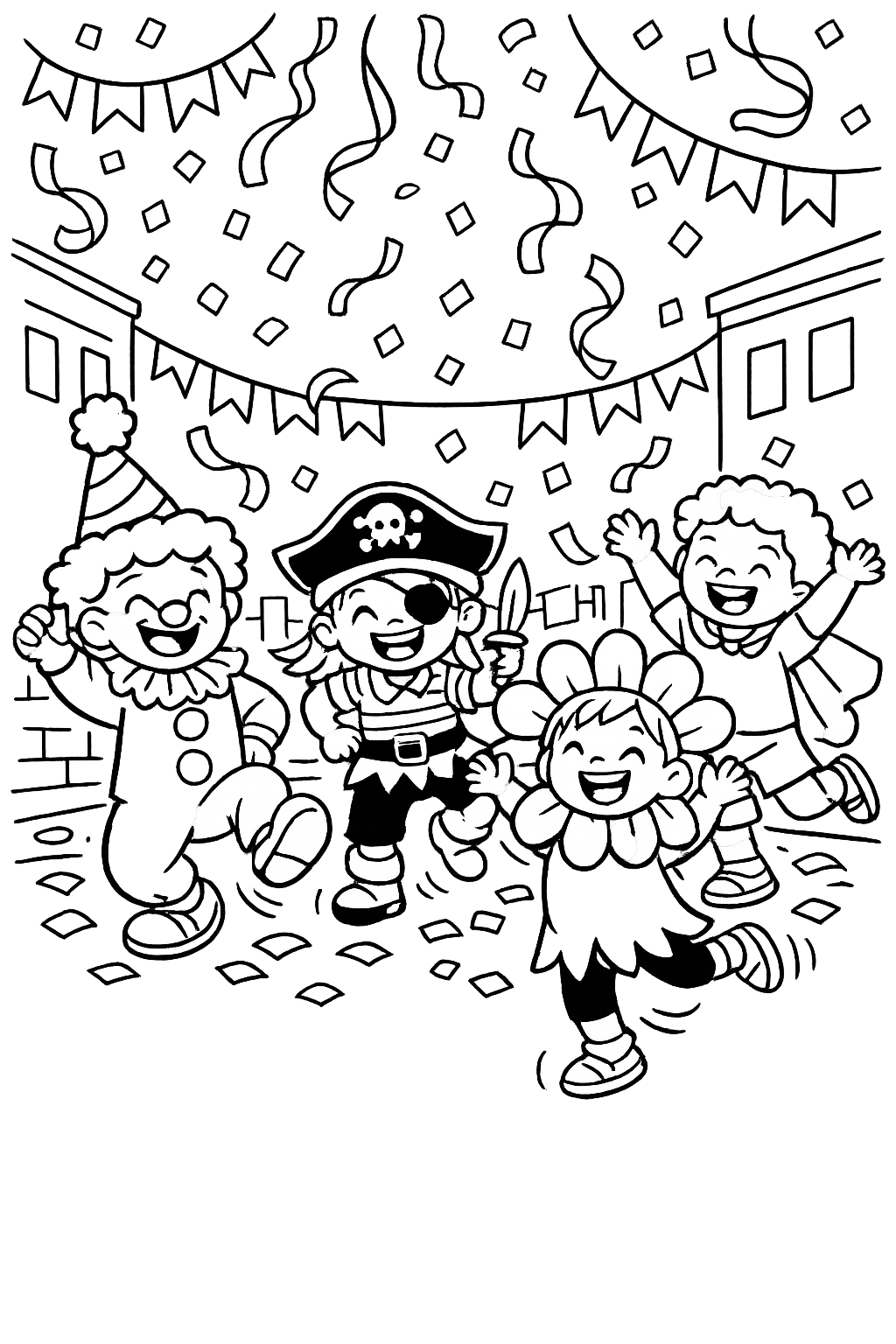 Street Party Fun (Bloco): A cheerful street scene filled with diverse kids in funny, simple costumes (like a clown, a pirate, and a flower) dancing under a shower of confetti and streamers.
