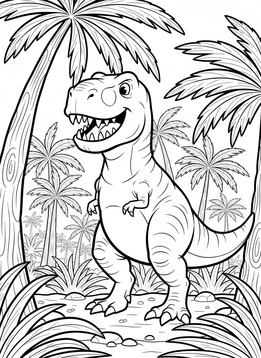 A friendly T-Rex standing upright with tiny arms, big smile, and sharp teeth, surrounded by palm trees and ferns in a prehistoric jungle.
