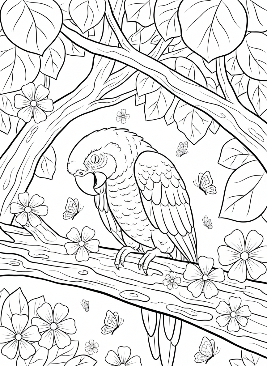 An Amazon parrot preening its feathers while sitting on a log, with butterflies and small flowers nearby.