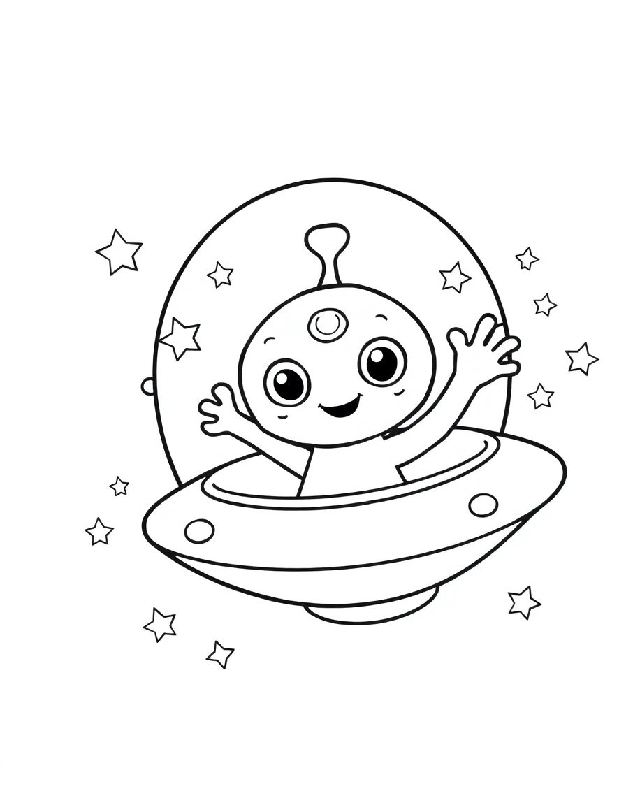 A cute alien creature with three eyes and a friendly smile, waving from inside a flying saucer. Around it, there are lots of stars.