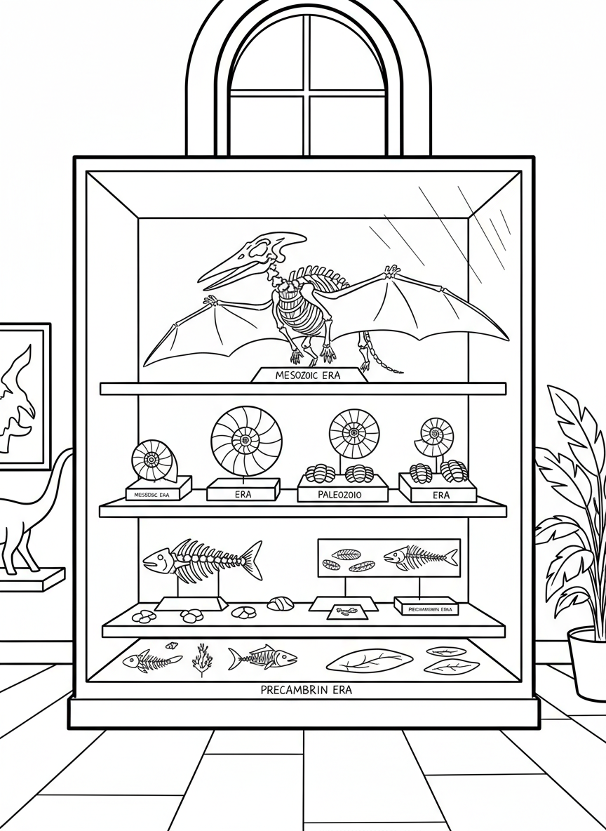 A museum display case showing labeled fossils of different prehistoric periods on shelves