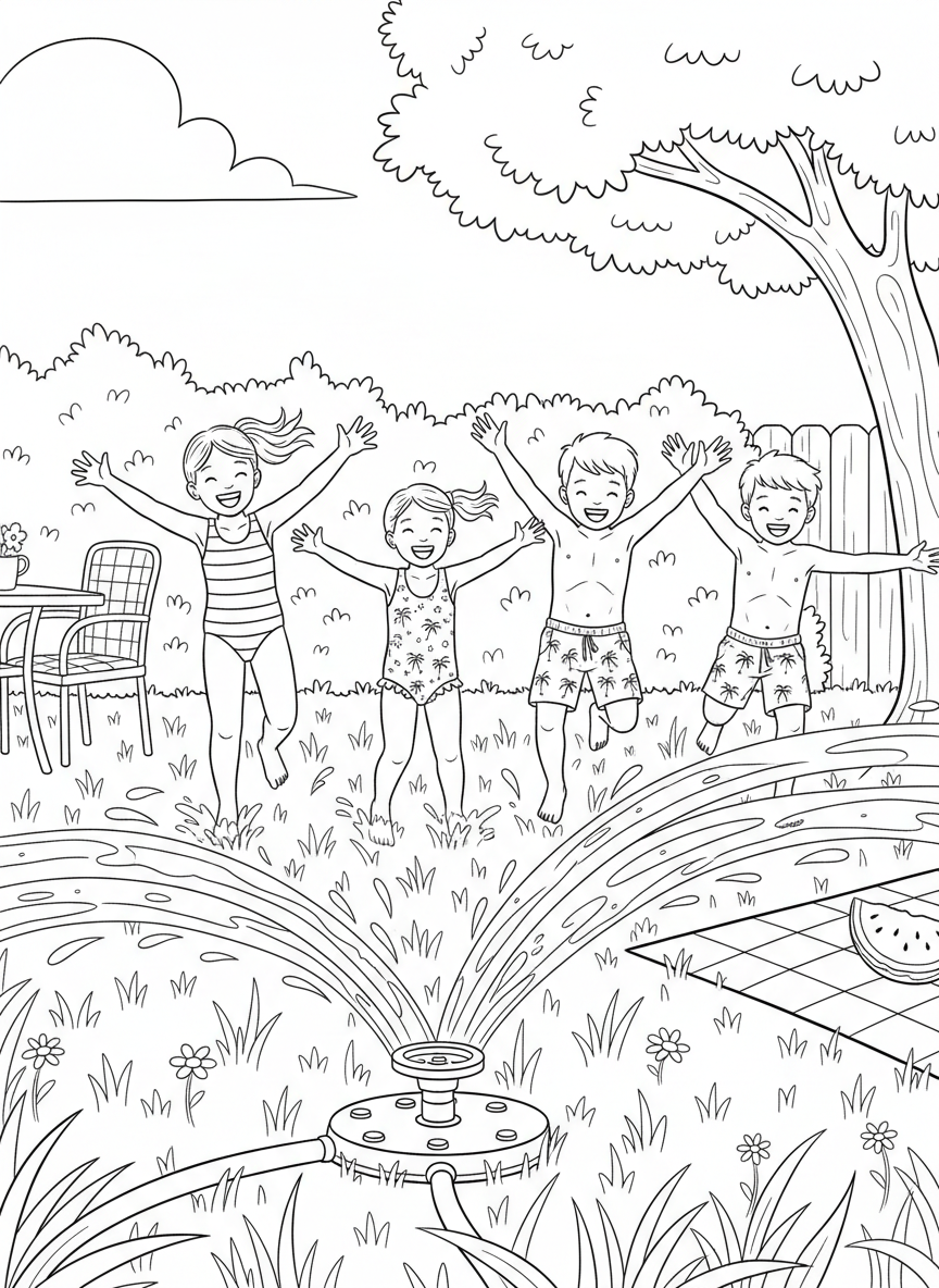Summer Vacation coloring page prompts capturing travel adventures, relaxed days, family trips, and sunny escapes.	Children running through sprinklers in a backyard, laughter filling the air on a carefree summer day.