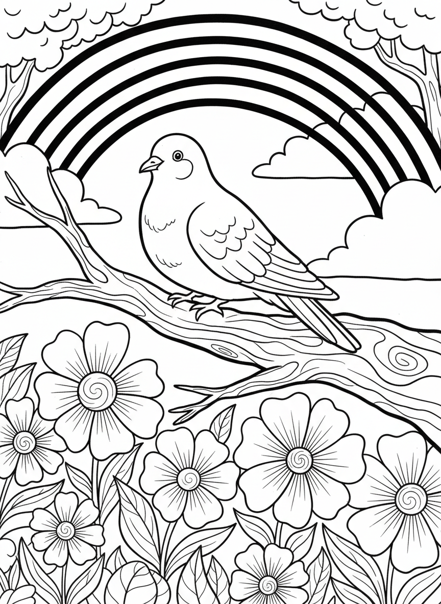 A peaceful garden scene with a dove perched on a branch, flowers blooming below, and a rainbow arching across the sky above