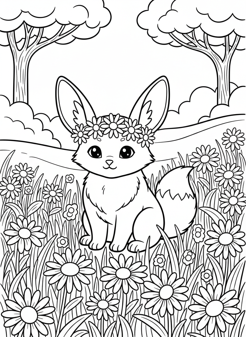 A cute creature with distinctive ears wearing a flower crown and sitting in a field of daisies, spring scene