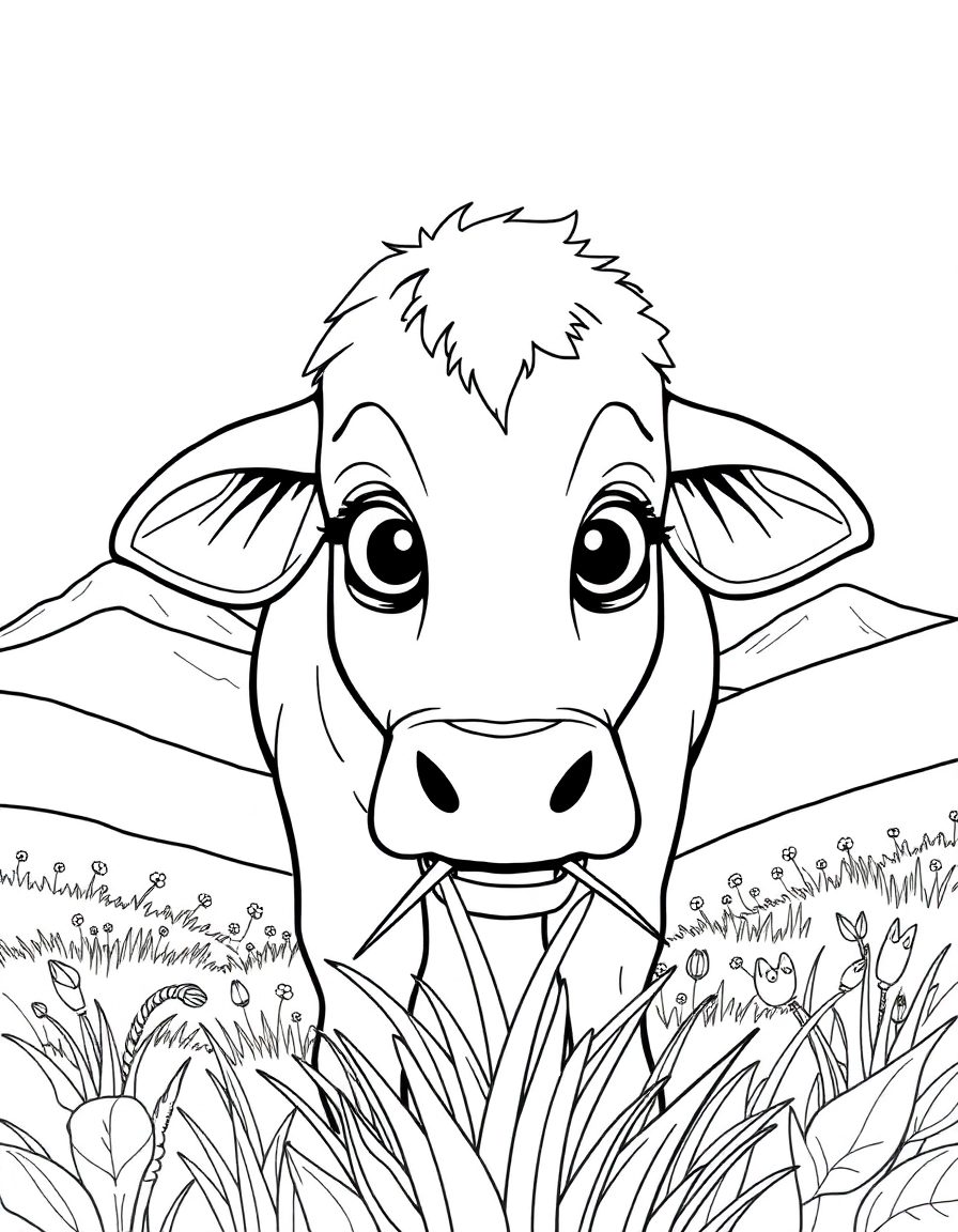  A big-eyed cow chewing grass in a pasture surrounded by hills.
