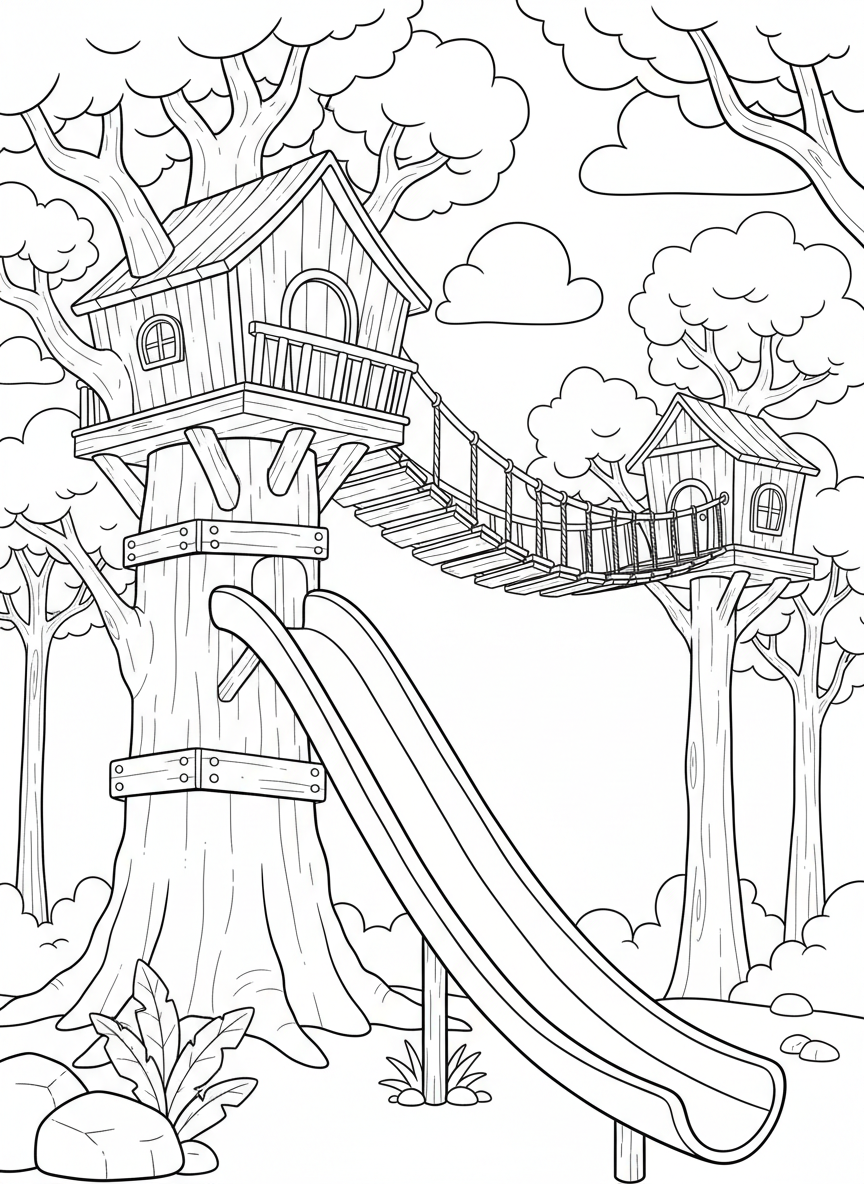 A treehouse with a curved suspension bridge made of ropes and planks, a slide coming down from the other side