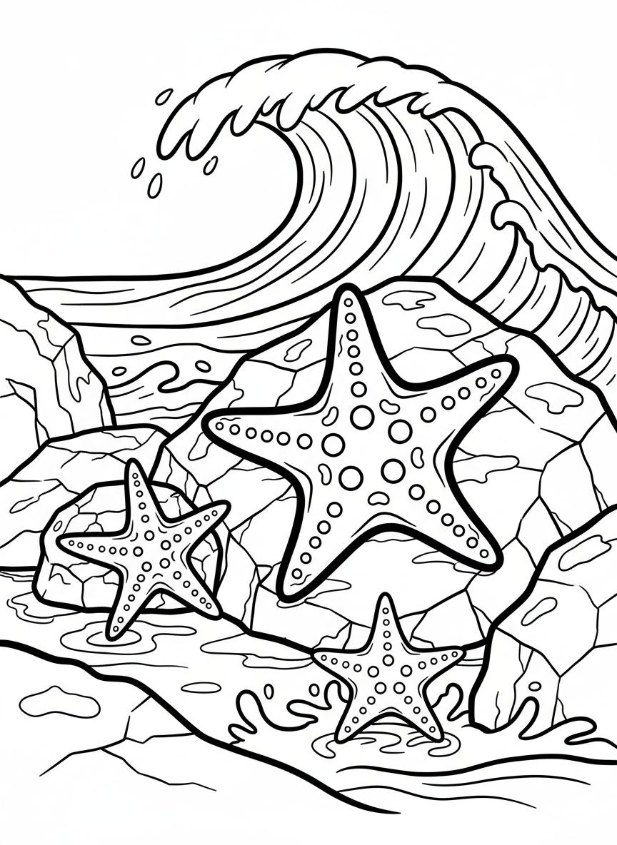 Three different starfish of varying sizes resting on rocks, with simple wave patterns in the background.