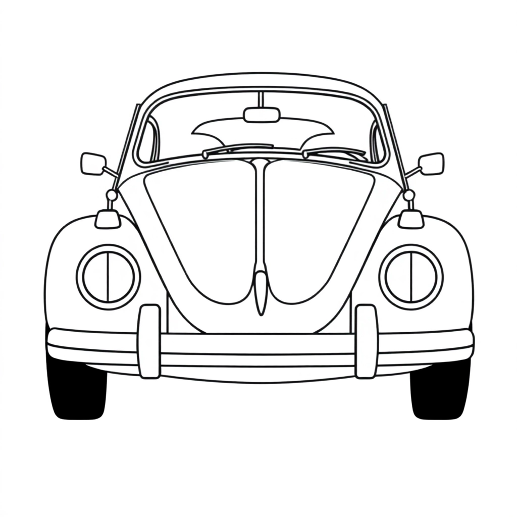 A black-and-white line art illustration of a 1960s Volkswagen Beetle, outlined with bold, simple lines for coloring. Plain white background.