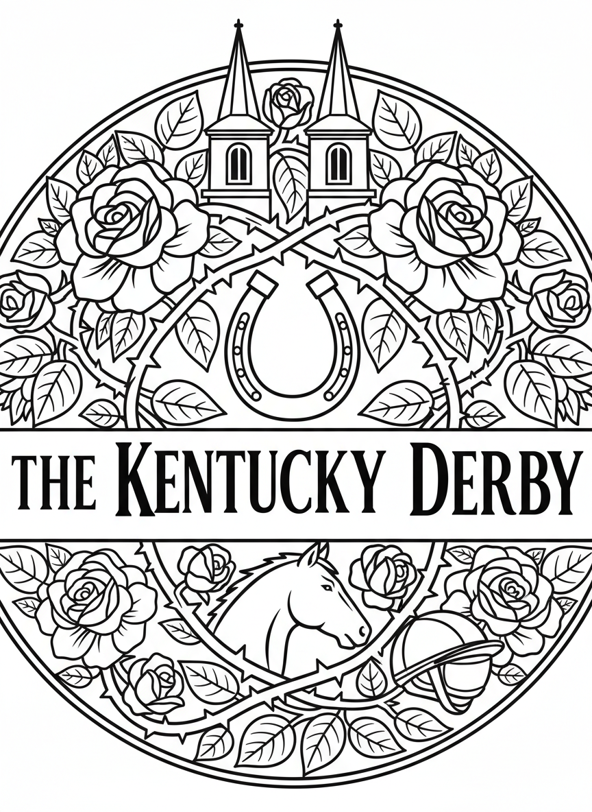 The Kentucky Derby logo design featuring twin spires, roses, and horseshoes arranged in a decorative pattern.