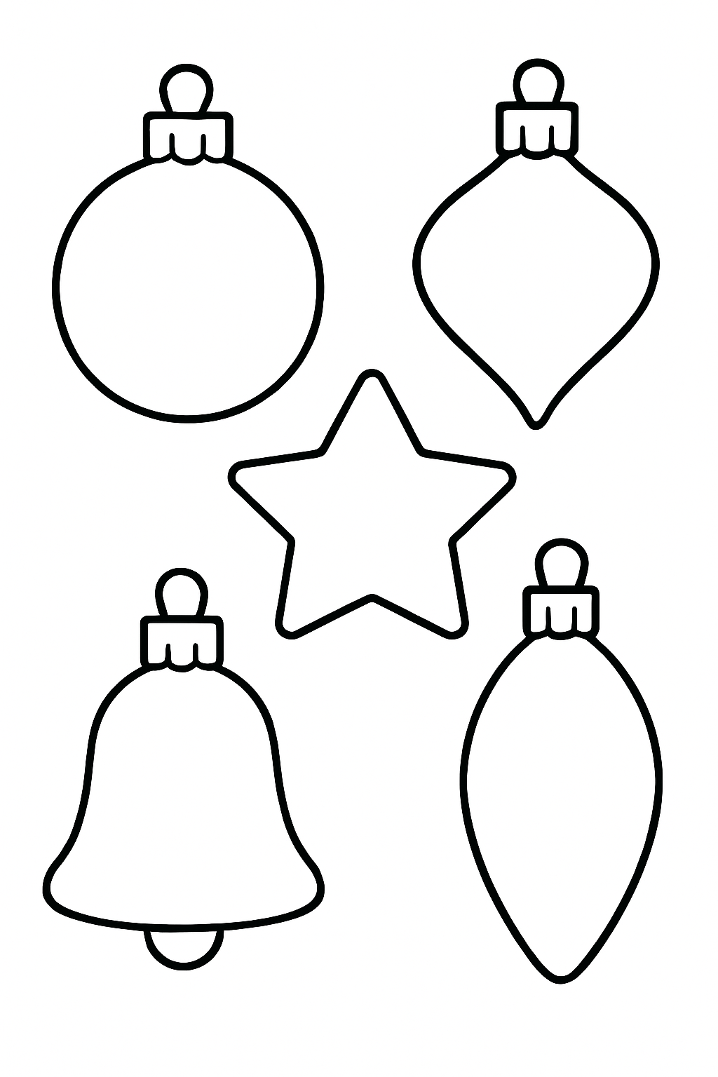 Set of Christmas ornament shapes with blank centers for personalization: round, teardrop, bell, star, bulb