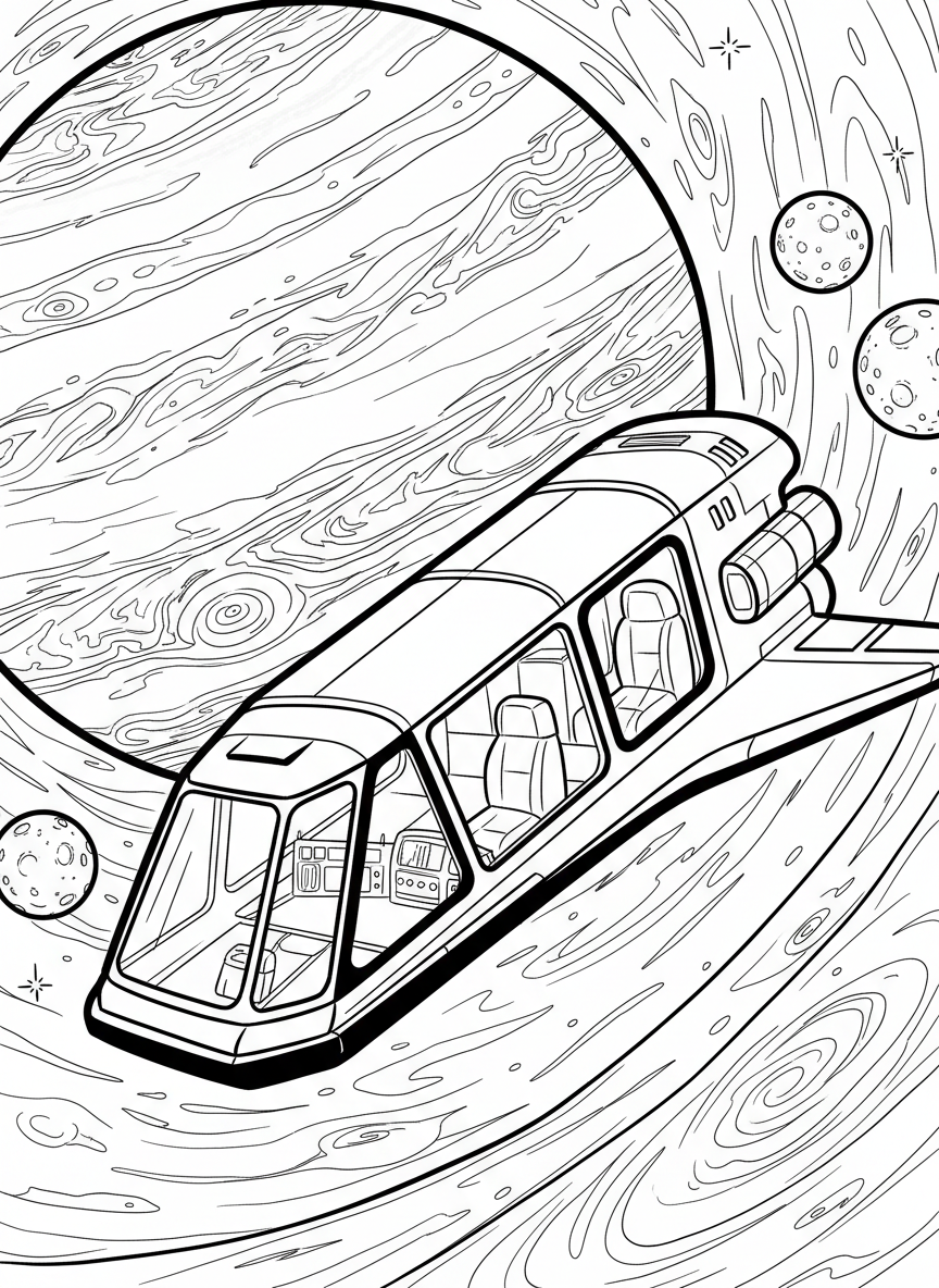 A futuristic space shuttle with large windows flying past Jupiter and its swirling storm patterns, the Great Red Spot clearly visible