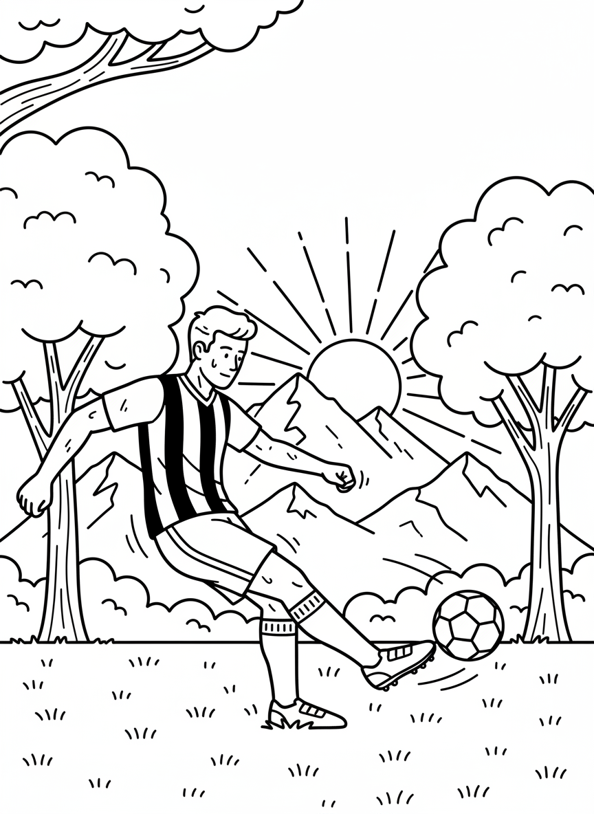 A soccer player kicking a ball in a park with the San Jose mountains visible in the distance, sports action scene