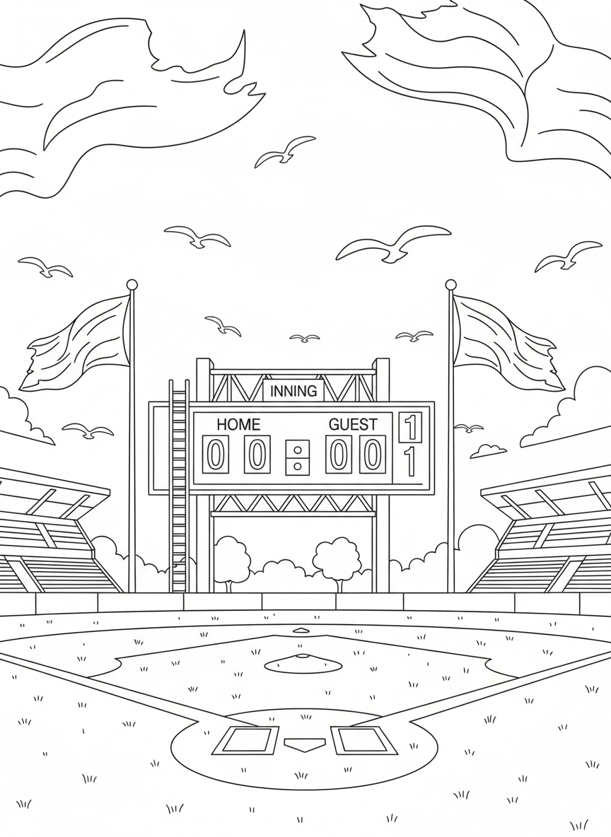 A scoreboard showing zeros for the first inning with flags waving above it and birds flying in the sky, wide scene composition.
