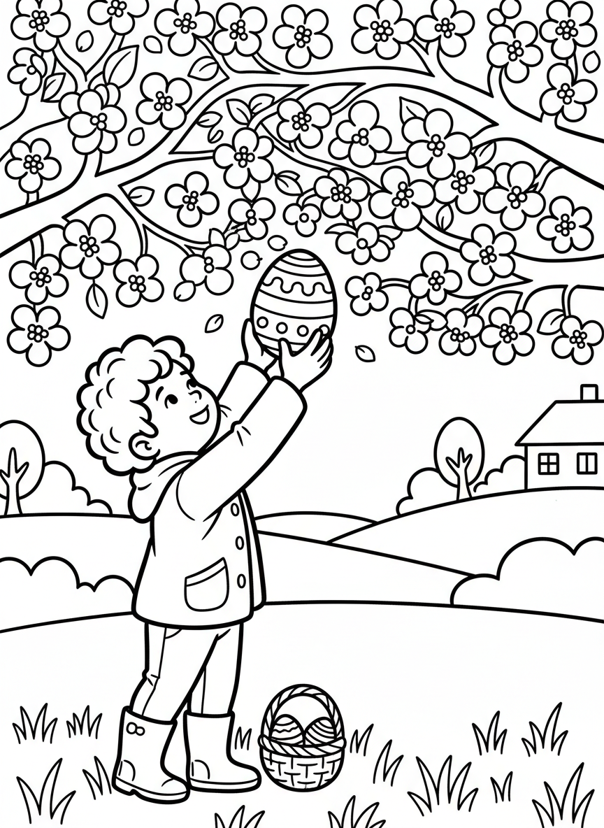 A smiling child reaching up to find an Easter egg nestled in the low branches of a blooming cherry tree.