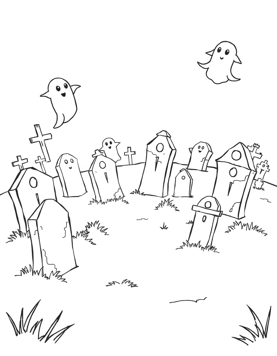 A spooky graveyard with crooked tombstones and ghosts floating around