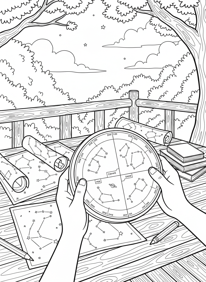 Close-up of hands holding a circular star wheel finder tool in a treehouse, with constellation maps and pencils scattered on a wooden table.