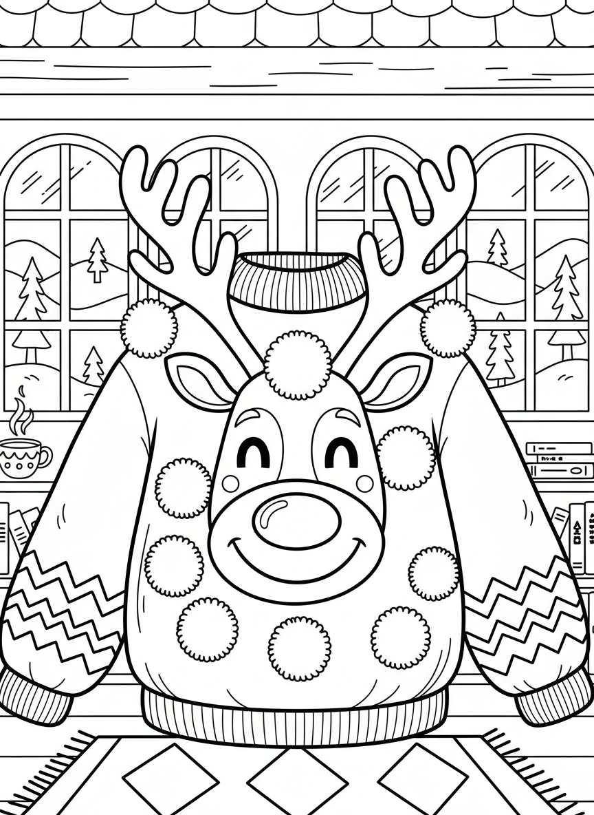 A cozy sweater with a giant smiling reindeer face on the front, decorated with oversized pom-poms and zigzag patterns along the sleeves and bottom hem.