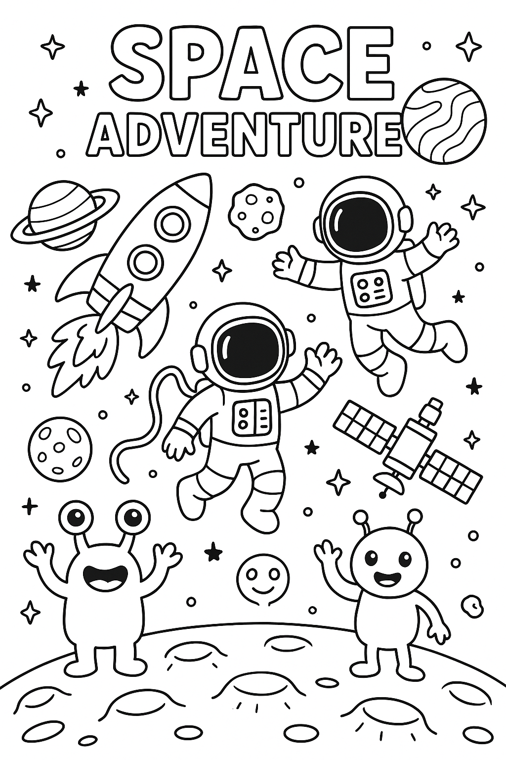 Space adventure coloring: rocket ship, astronauts floating, alien friends, planets, asteroids, space station, stars, moon surface, thick black line art, cosmic exploration scene