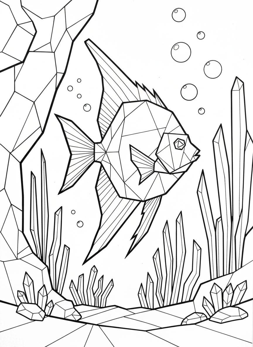 An origami angelfish with tall geometric fins and angular body, featuring distinctive paper crease lines and triangular shapes.