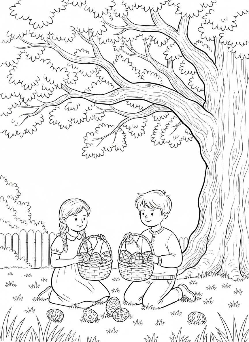 Two children comparing their Easter baskets filled with different patterned eggs under a large oak tree.