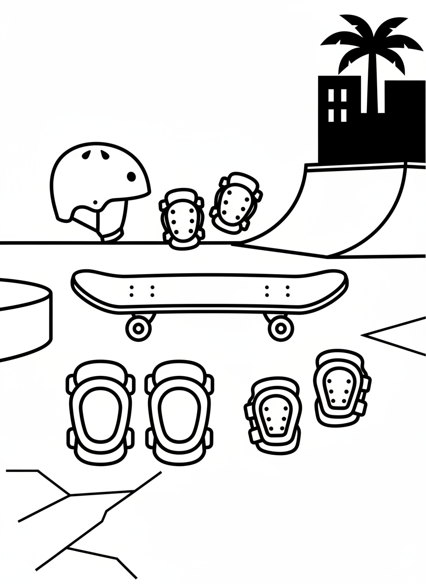 Simple skateboard and safety gear layout showing helmet, elbow pads, knee pads, and wrist guards arranged neatly.