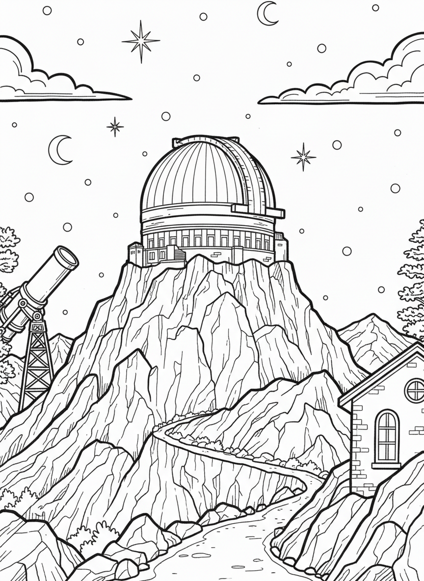 Mount Hamilton observatory with a large telescope dome on top of a mountain, stars in the sky, simple line art