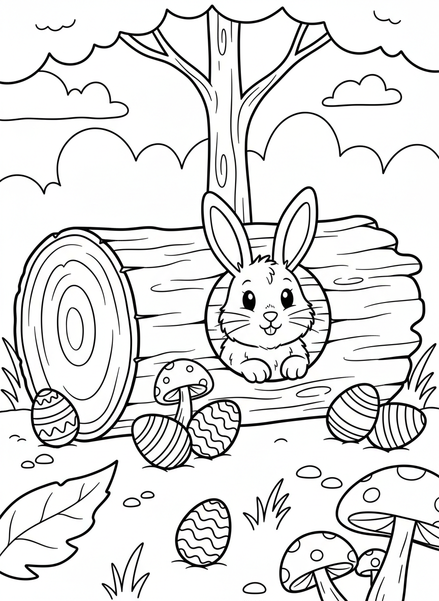 A bunny peeking out from inside a hollow log with Easter eggs scattered on the forest floor around mushrooms.