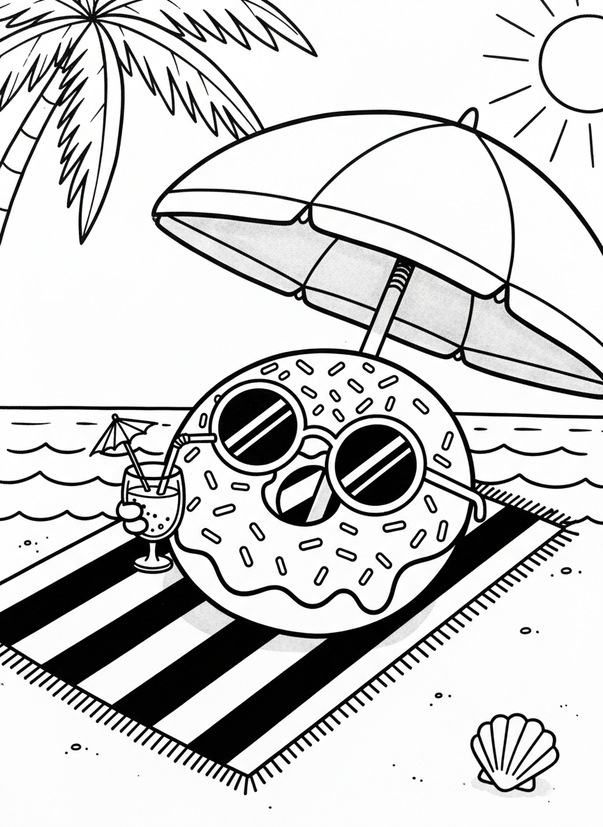 A donut relaxing on a beach towel under an umbrella, wearing sunglasses and holding a tiny drink with a straw