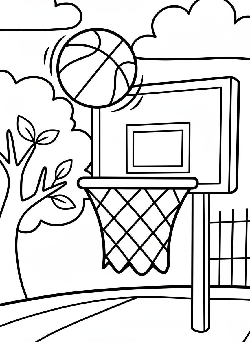 A basketball spinning through the air toward the hoop, with the net and backboard shown, simple close-up composition for young children.