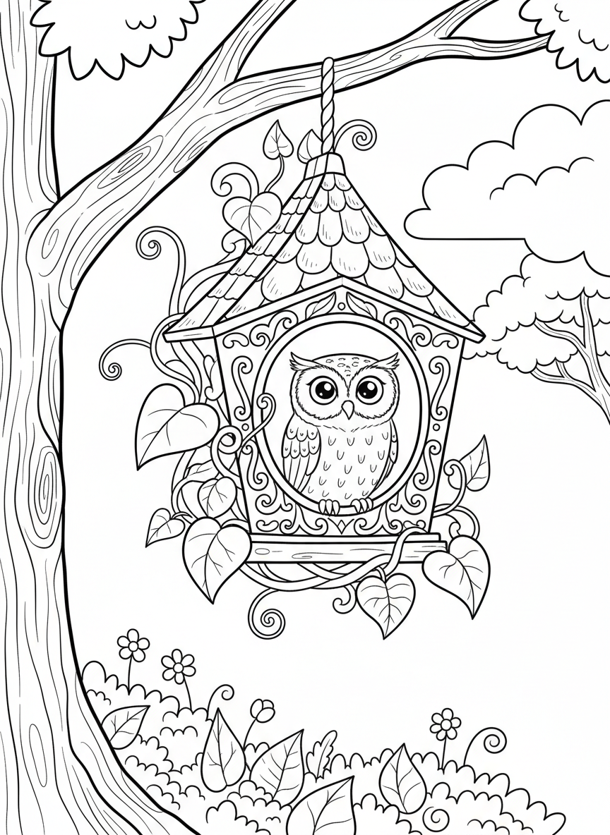 A screech owl in a decorative birdhouse hanging from a tree, with vines growing around it.