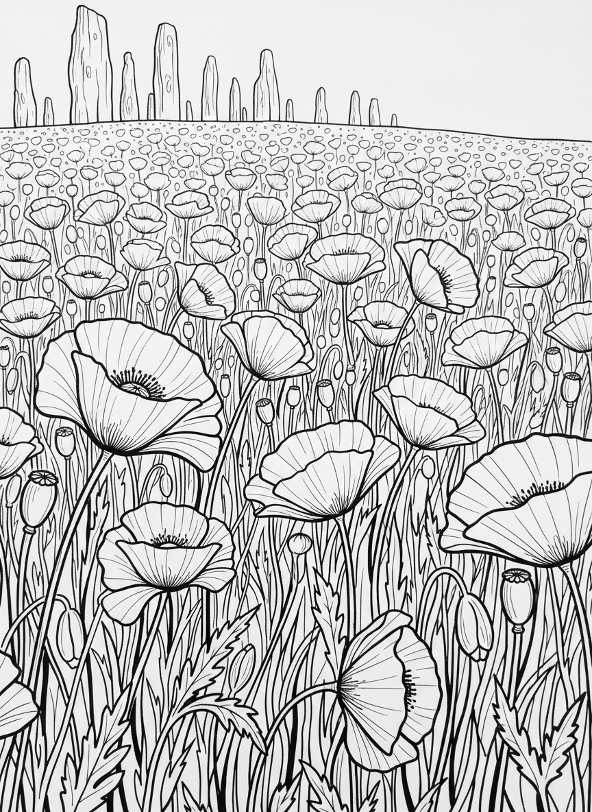 A simple poppy flower field with multiple blooms and stems, symbolizing remembrance with clean line art.