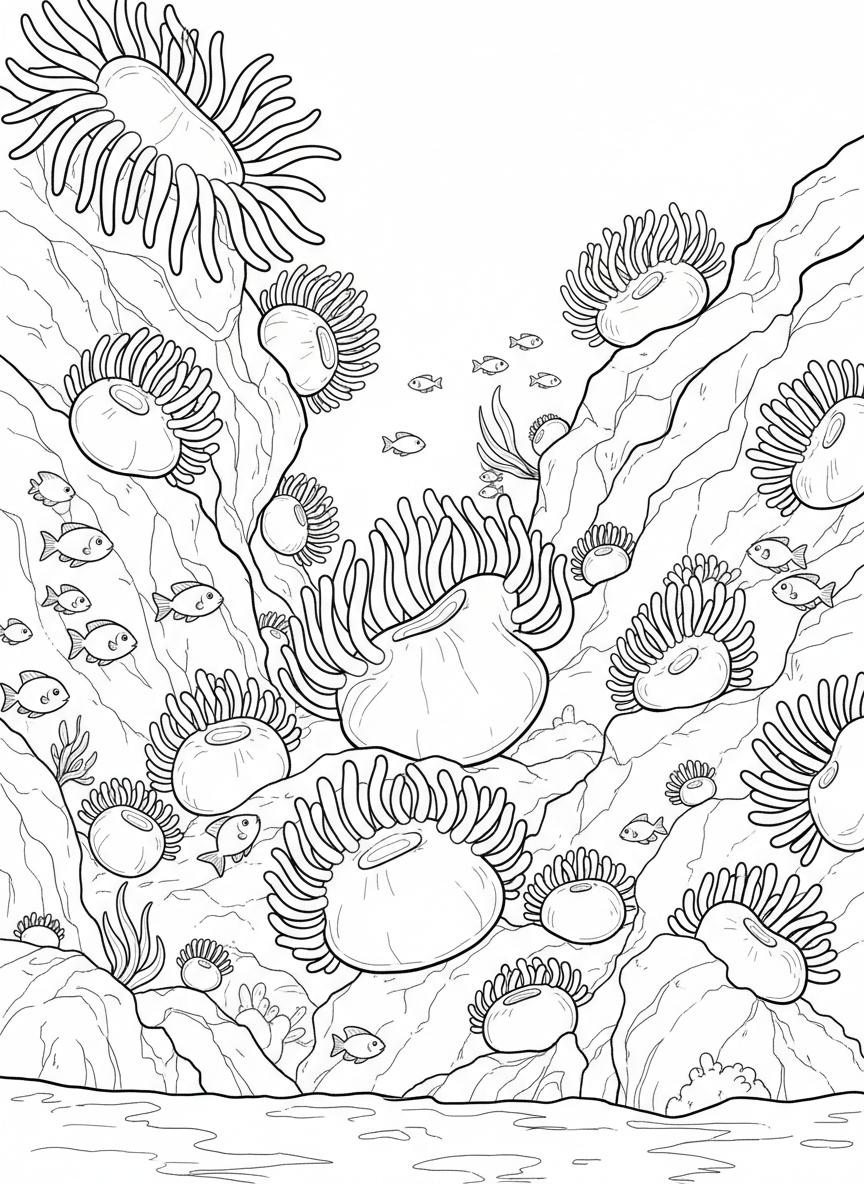 Sea anemones of various sizes attached to a rock wall underwater with small fish swimming between them