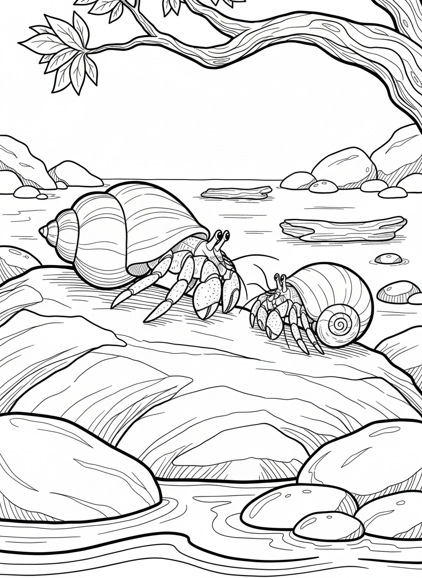 Two hermit crabs meeting on a rock, one large and one small, with different shell shapes, simple coastal background.