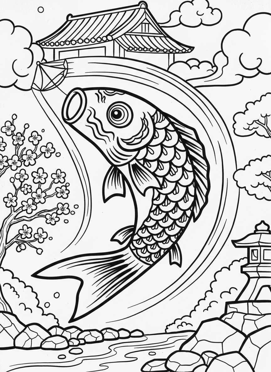 A traditional Japanese carp kite (koinobori style) with scales and flowing fins, swimming through the air on a breezy day.