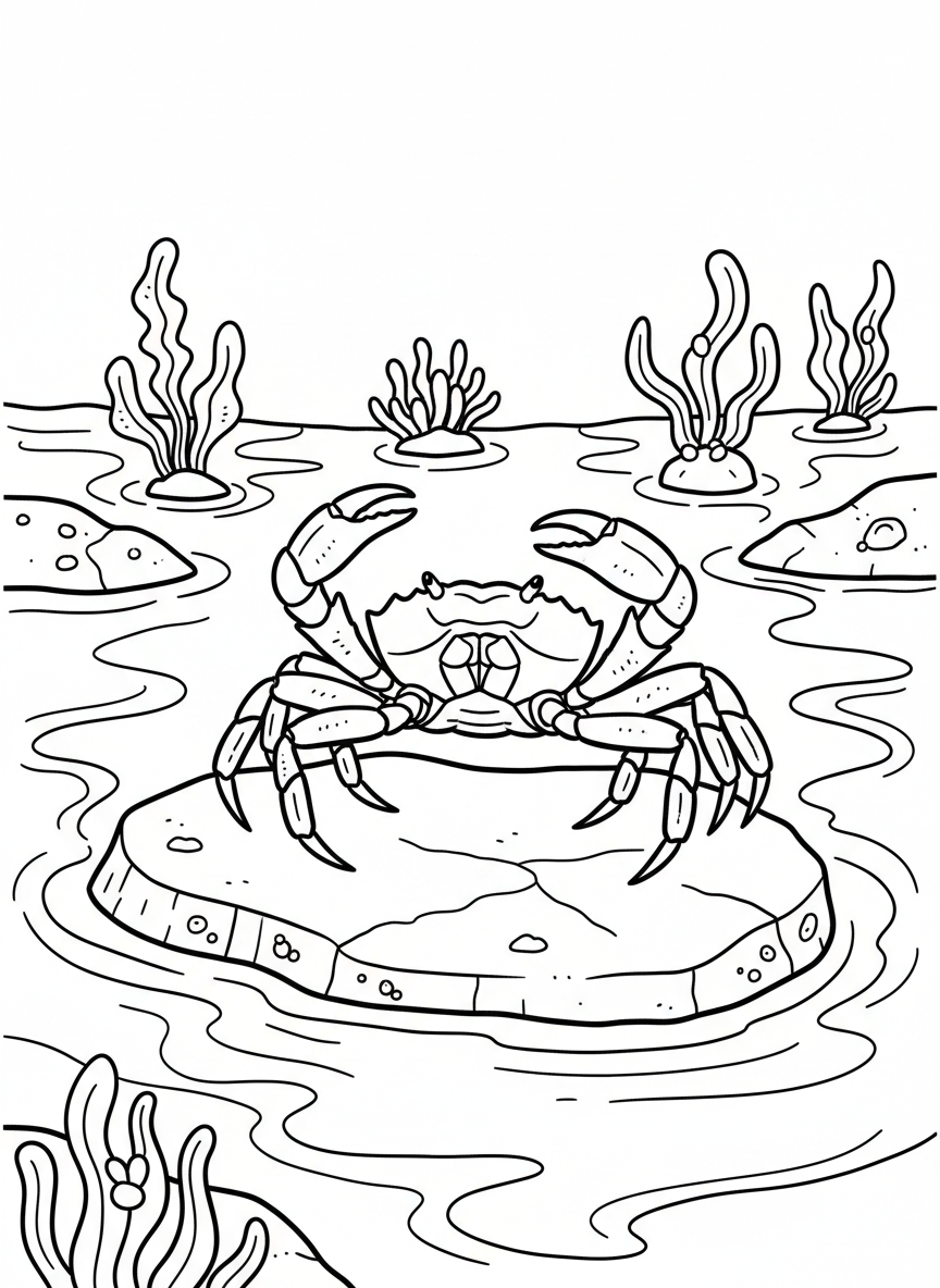 A shore crab with raised claws standing on a flat rock, with tide pool water and small sea plants in the background.