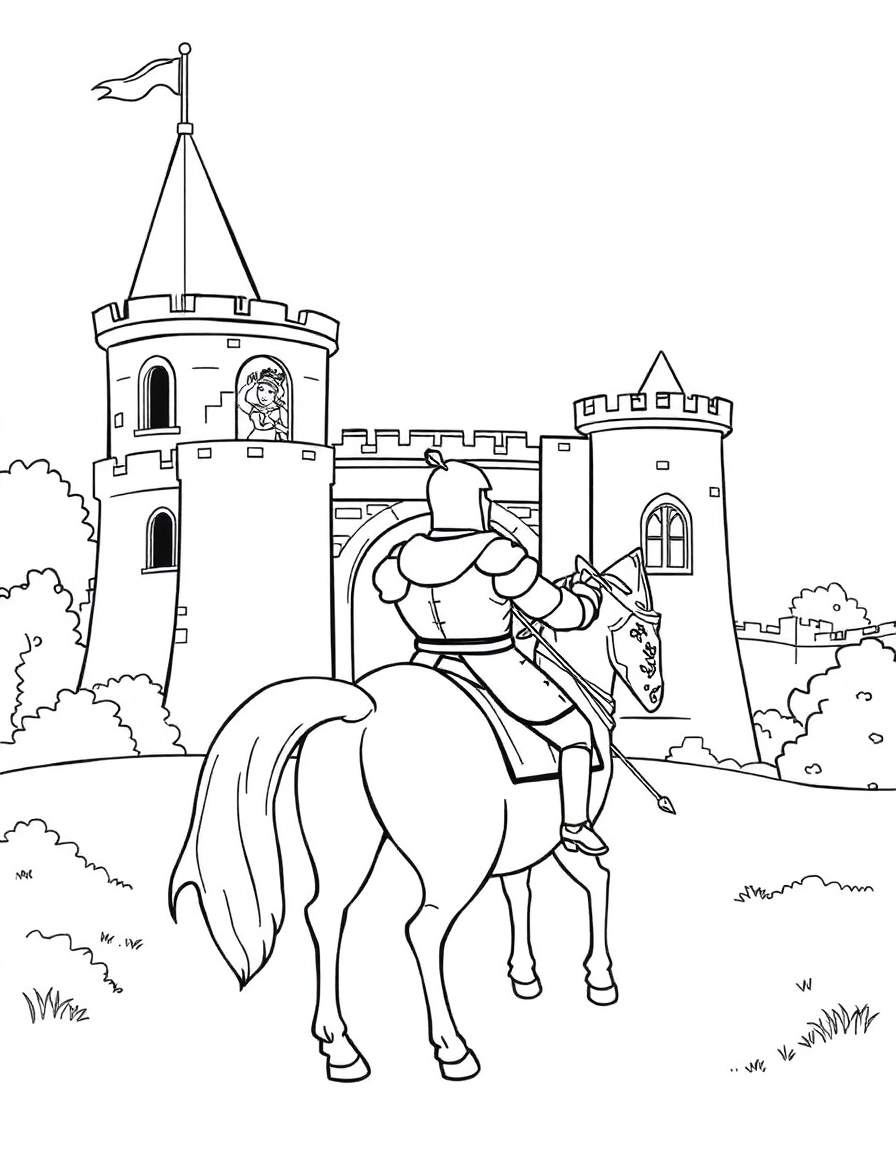 A brave knight on a noble horse, approaching a majestic, drawbridge-equipped castle, with a princess waving from a tower.