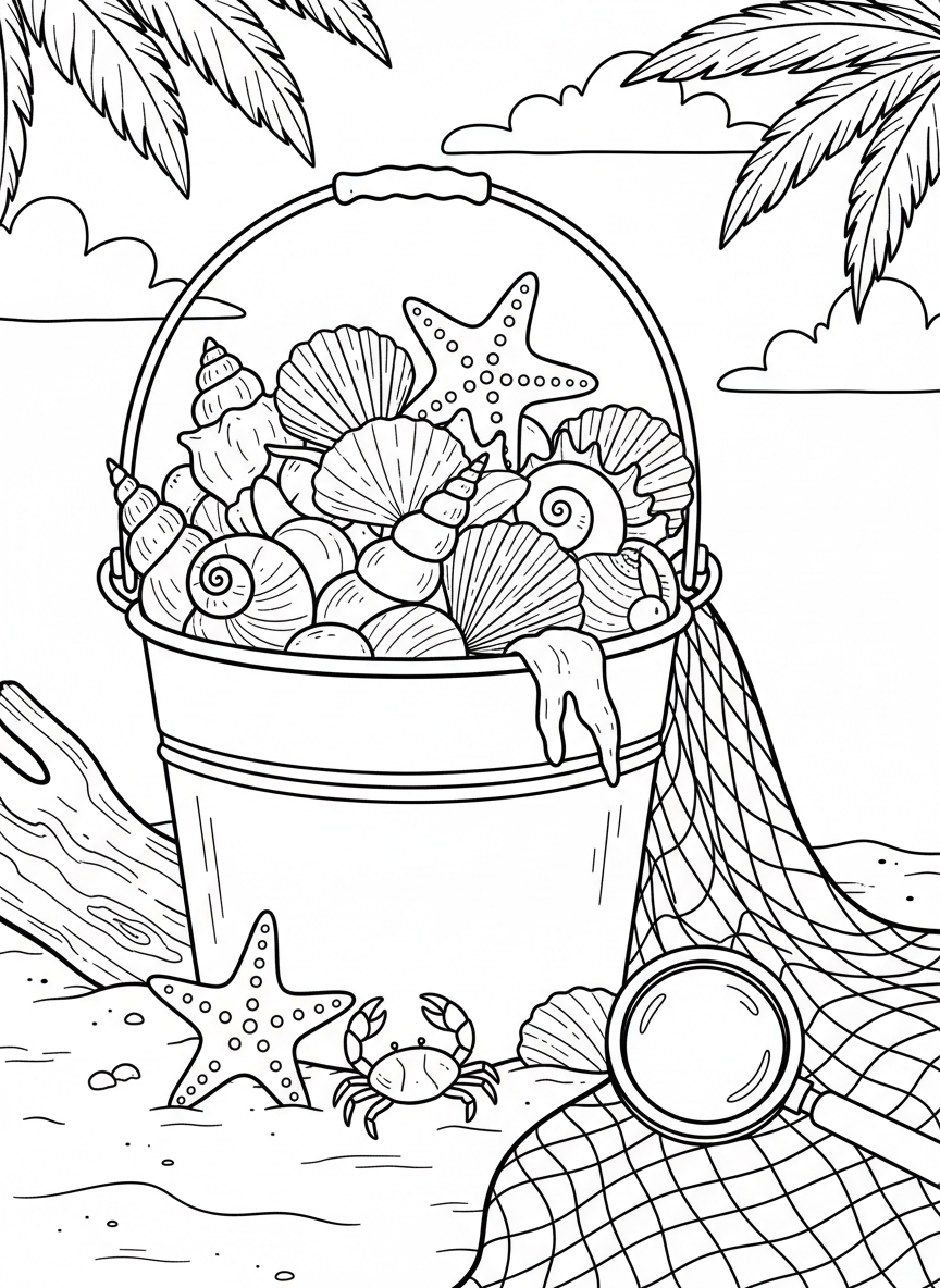 A large bucket filled with seashells, starfish, and small crabs, with a net and magnifying glass resting beside it on sandy beach.