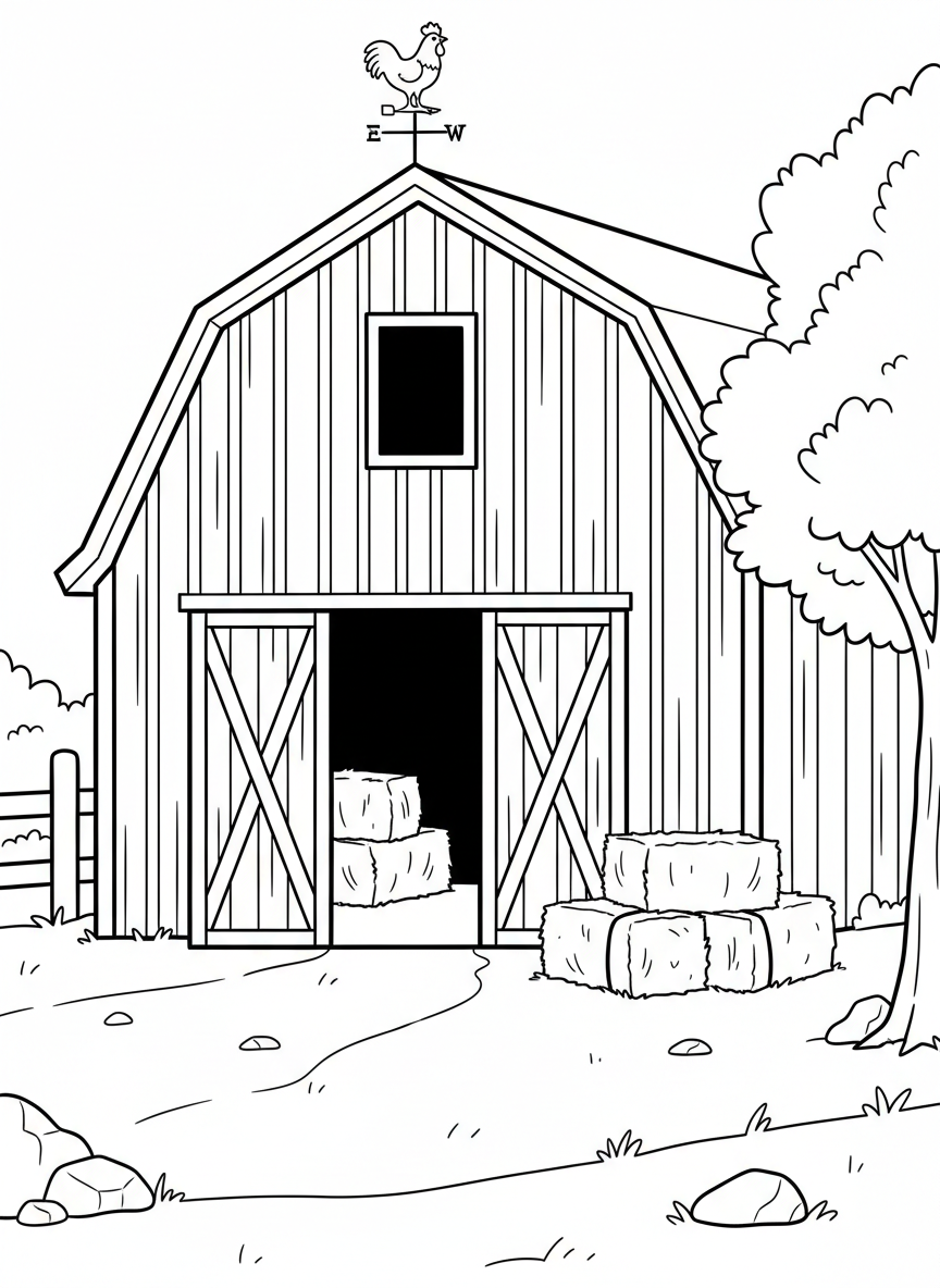 A large red barn with open doors, hay bales stacked outside, and a weather vane on top, clean outlines perfect for coloring.