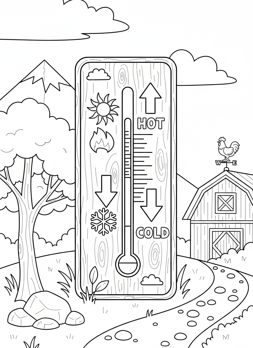 A weather thermometer showing hot and cold with sun and snowflake symbols, educational coloring page