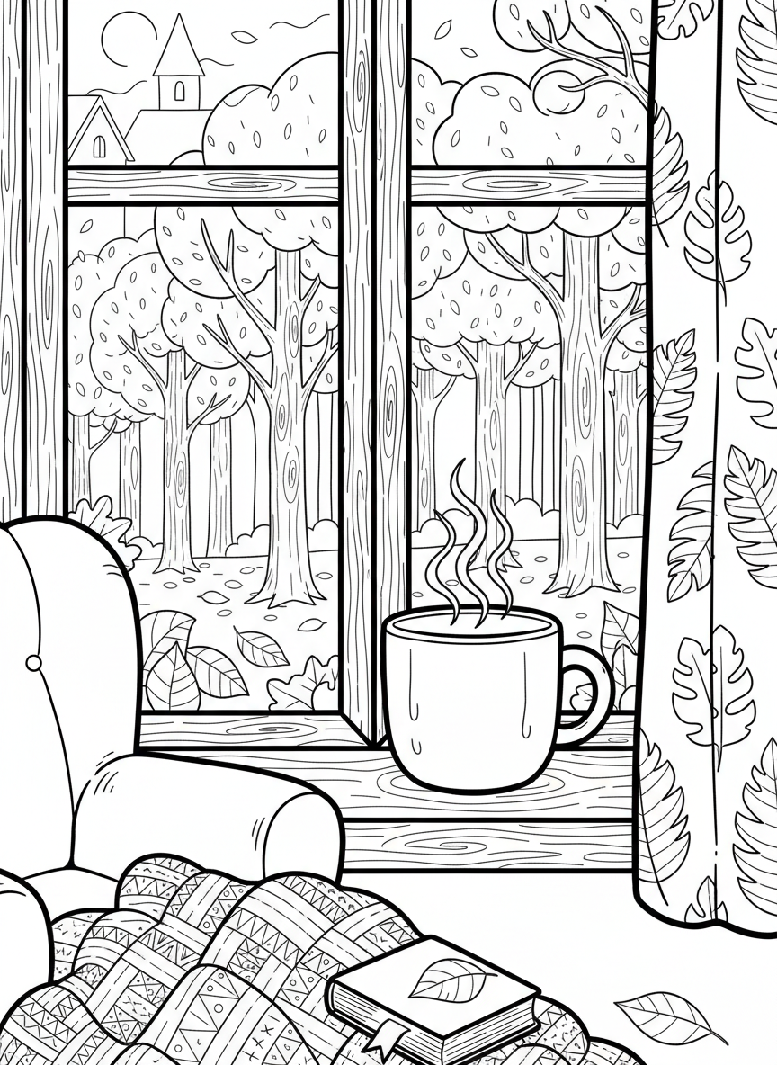 A window view showing a cozy interior with a steaming mug on the windowsill and autumn trees visible outside.