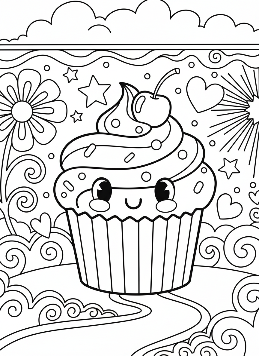 A cheerful cupcake with swirled frosting, sprinkles, and a cherry on top, surrounded by decorative stars and hearts for a simple coloring page.