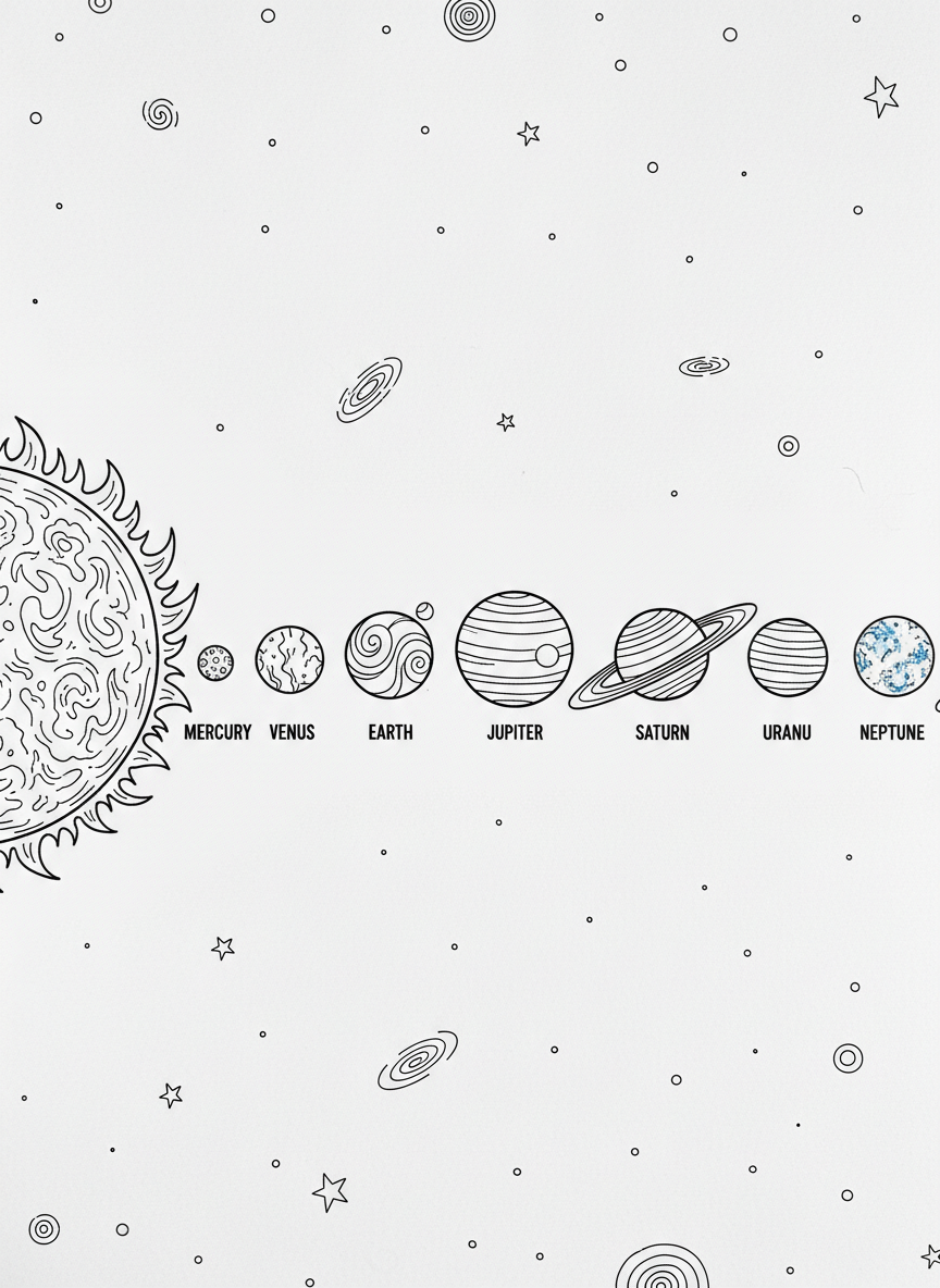 The solar system showing all eight planets in a row with the sun on the left, each planet labeled and drawn with simple distinctive features