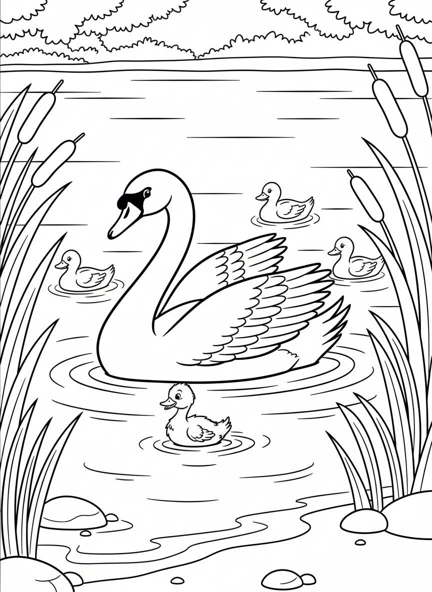 A beautiful swan swimming gracefully on a lake with reeds and other ducks nearby, ugly duckling story coloring page